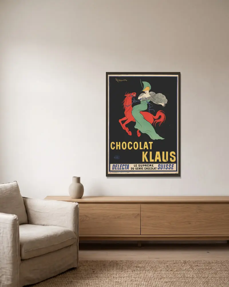 Chocolat Klaus av Leonetto Cappiello inramad på en vägg