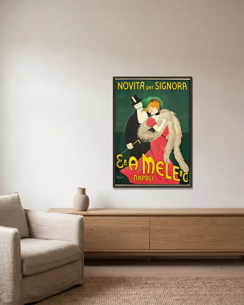 E. And A. Mele And Ci av Leonetto Cappiello inramad på en vägg