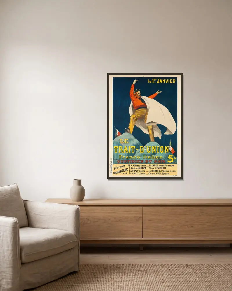 Le Trait-D’union av Leonetto Cappiello inramad på en vägg