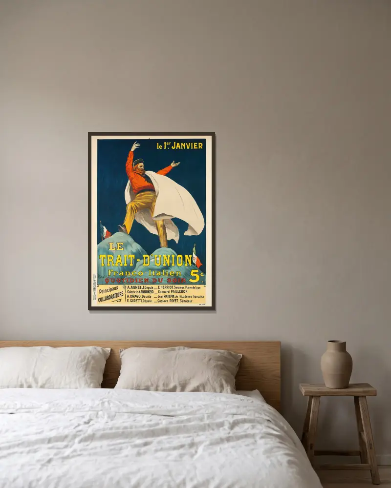 Le Trait-D’union av Leonetto Cappiello inramad på en vägg