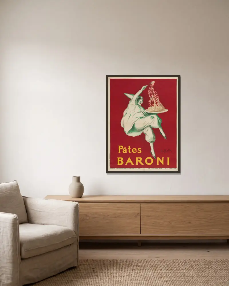 Pâtes Baroni av Leonetto Cappiello inramad på en vägg