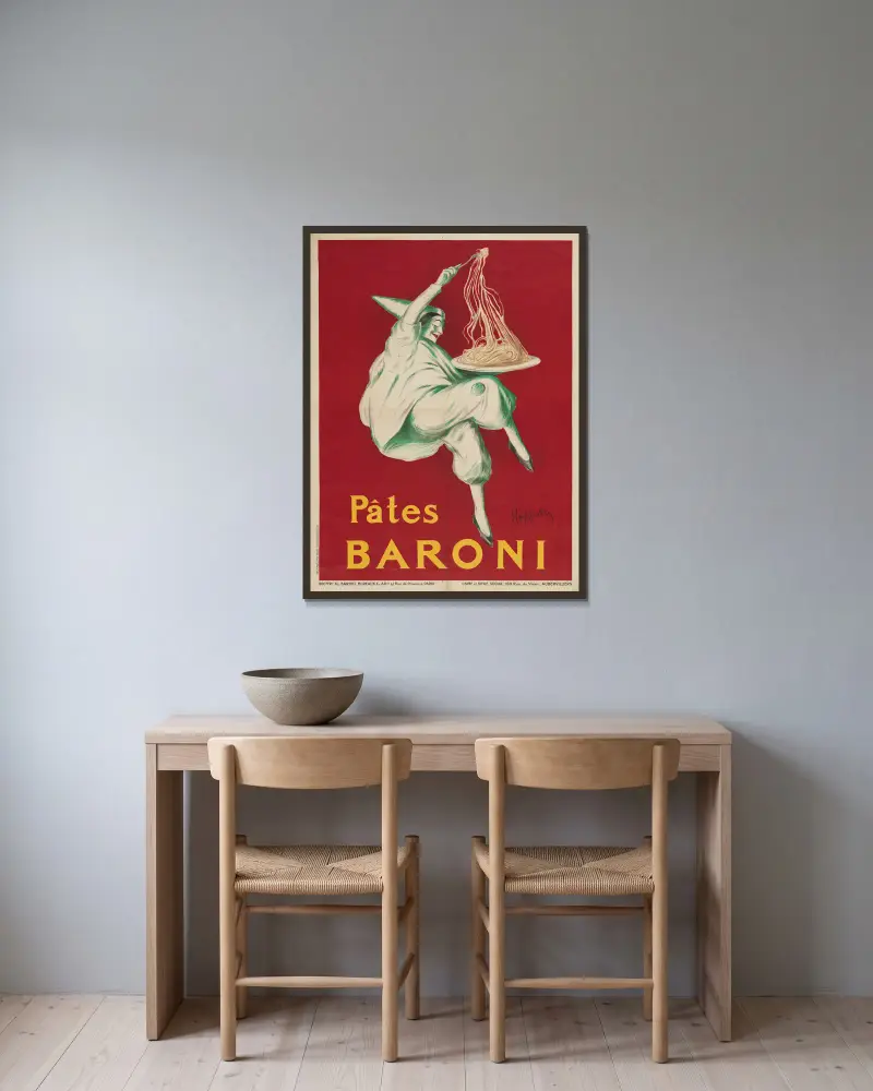 Pâtes Baroni av Leonetto Cappiello inramad på en vägg
