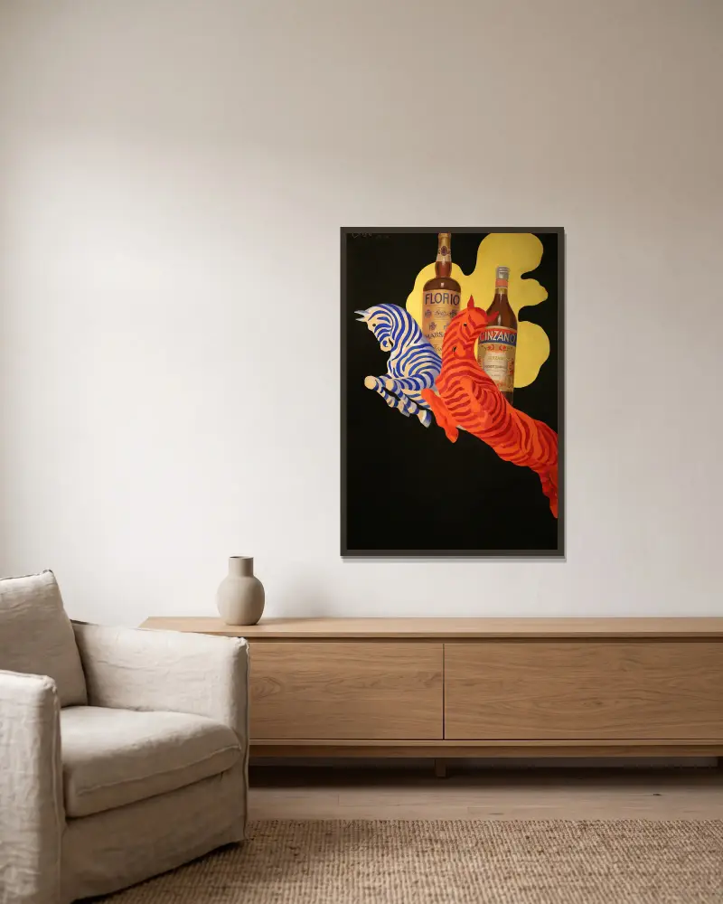 Poster Per Florio Cinzano av Leonetto Cappiello inramad på en vägg