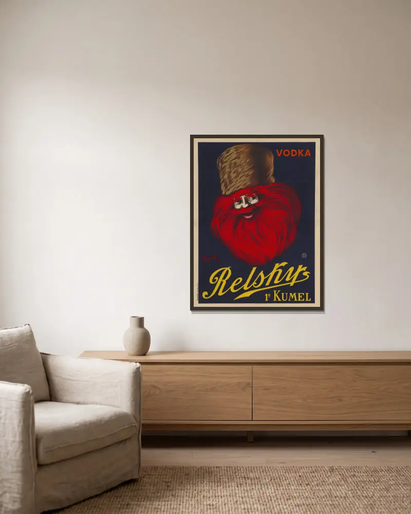 Vodka Relskys, 1° Kumel av Leonetto Cappiello inramad på en vägg