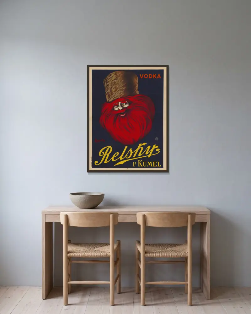 Vodka Relskys, 1° Kumel av Leonetto Cappiello inramad på en vägg