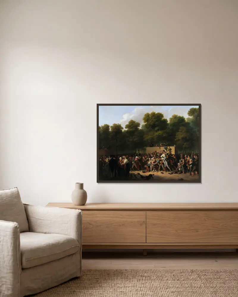 Utdelning av vin och mat på Champs-Élysées med anledning av kungens fest av Louis-Léopold Boilly inramad på en vägg