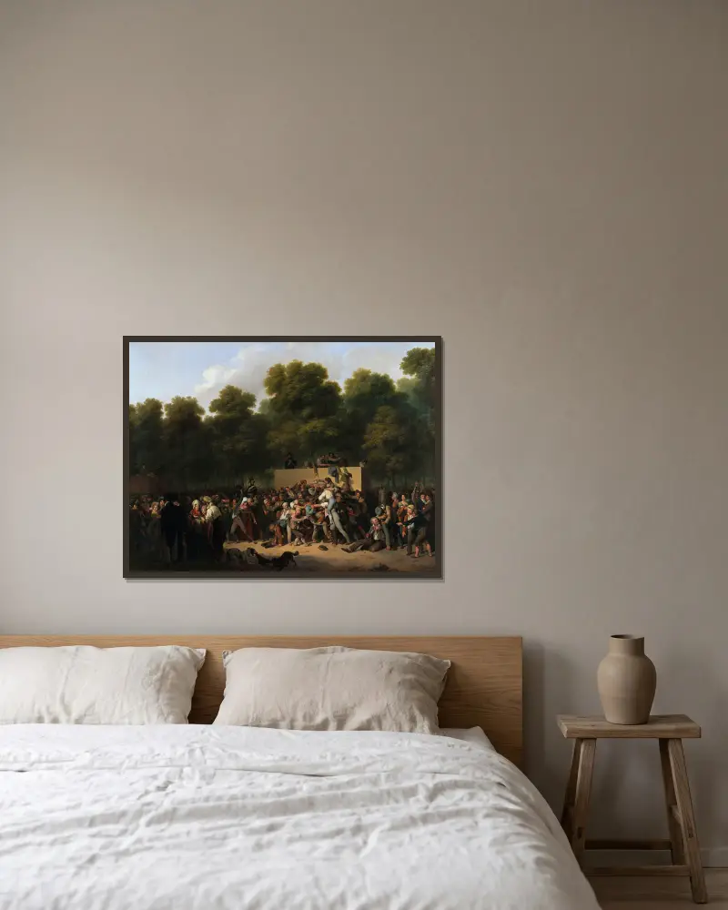 Utdelning av vin och mat på Champs-Élysées med anledning av kungens fest av Louis-Léopold Boilly inramad på en vägg