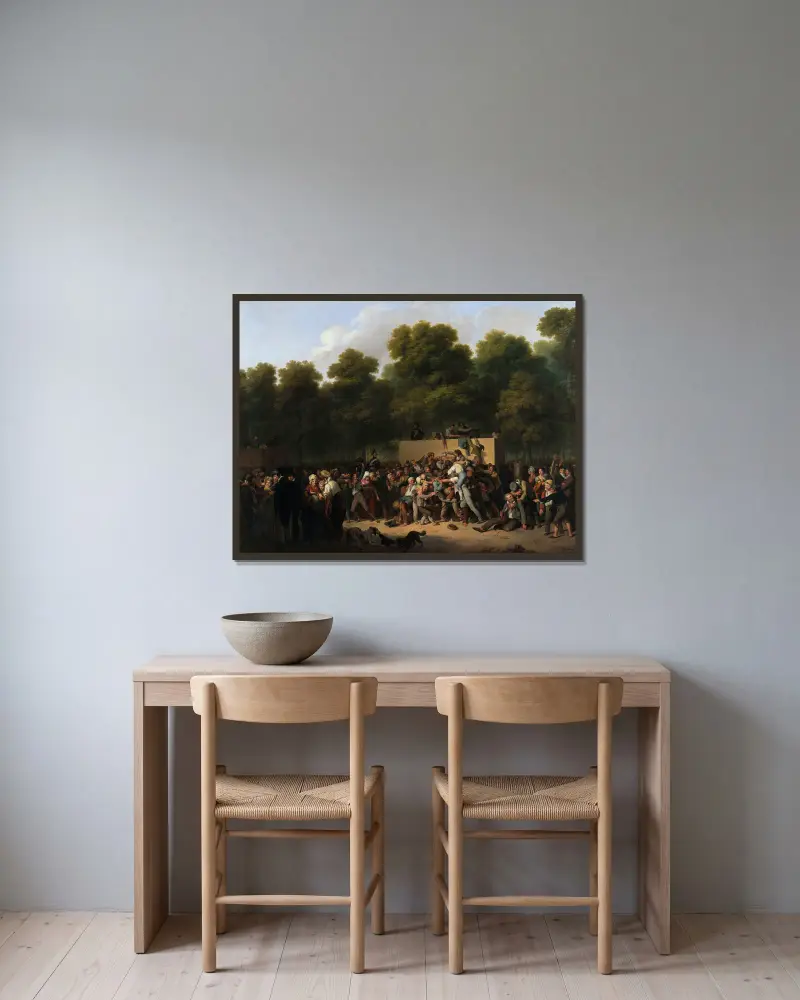 Utdelning av vin och mat på Champs-Élysées med anledning av kungens fest av Louis-Léopold Boilly inramad på en vägg