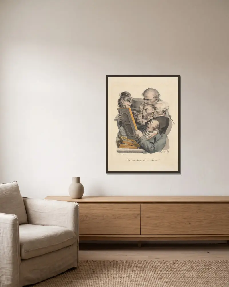 Les amateurs de tableaux (The amateur print collectors) av Louis-Léopold Boilly inramad på en vägg