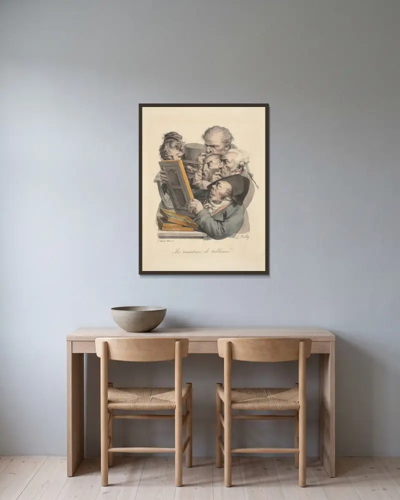 Les amateurs de tableaux (The amateur print collectors) av Louis-Léopold Boilly inramad på en vägg