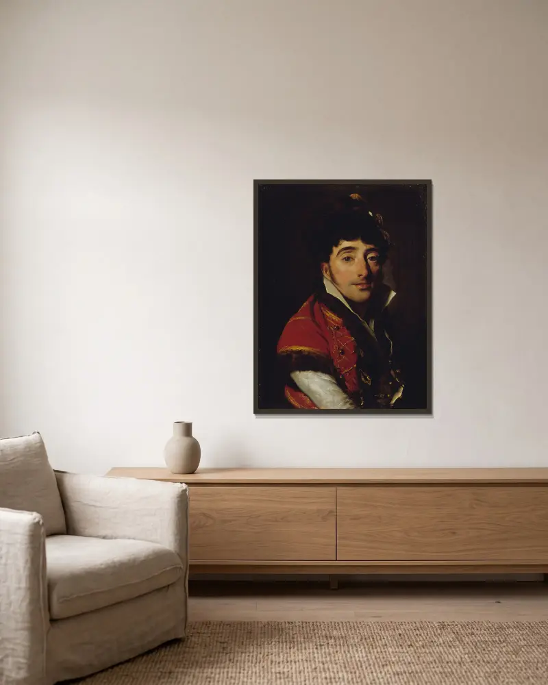 Porträtt av en skådespelare i röd pälsbrämad väst av Louis-Léopold Boilly inramad på en vägg