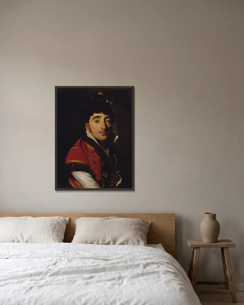 Porträtt av en skådespelare i röd pälsbrämad väst av Louis-Léopold Boilly inramad på en vägg