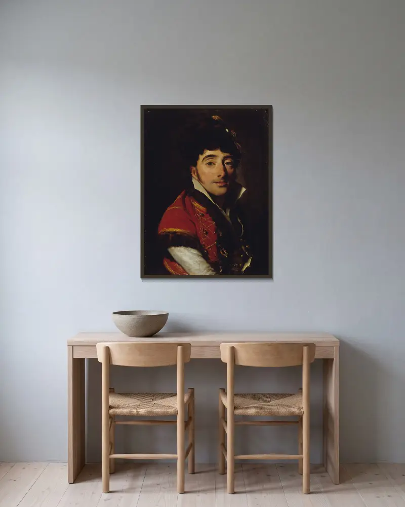 Porträtt av en skådespelare i röd pälsbrämad väst av Louis-Léopold Boilly inramad på en vägg