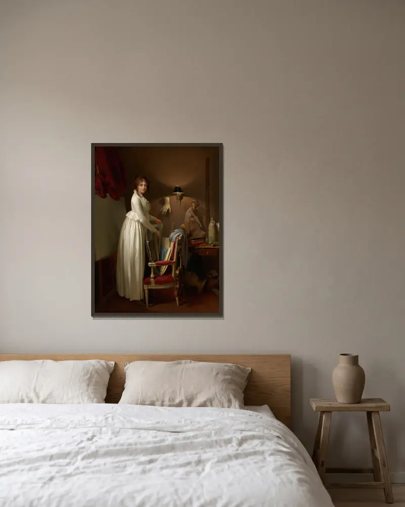 Konstnärens hustru i hans ateljé av Louis-Léopold Boilly inramad på en vägg