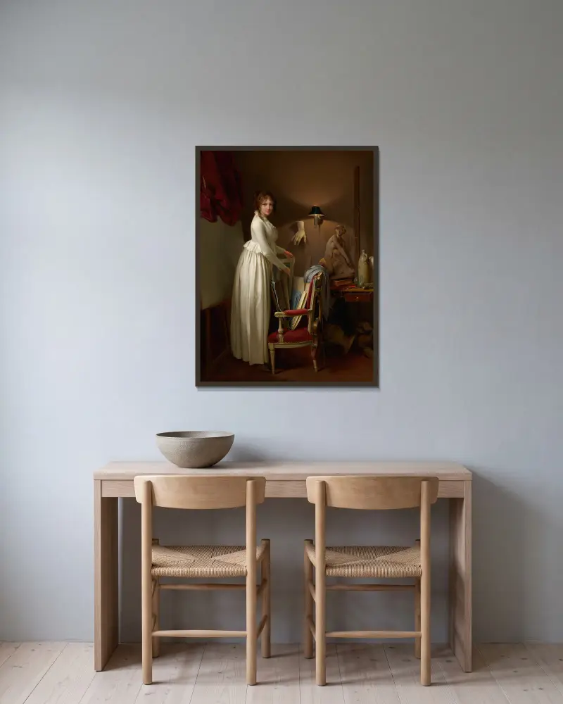 Konstnärens hustru i hans ateljé av Louis-Léopold Boilly inramad på en vägg