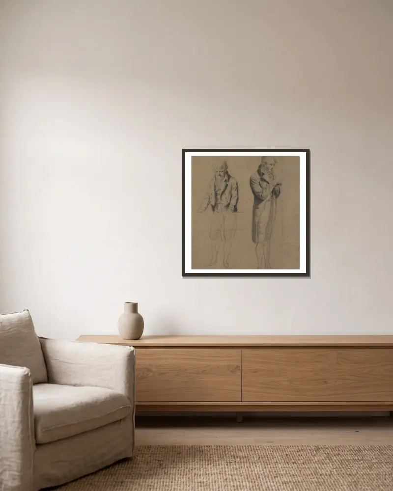 Zwei stehende Figuren (Studie für Eine Partie Billard) von Louis-Léopold Boilly gerahmt an einer Wand