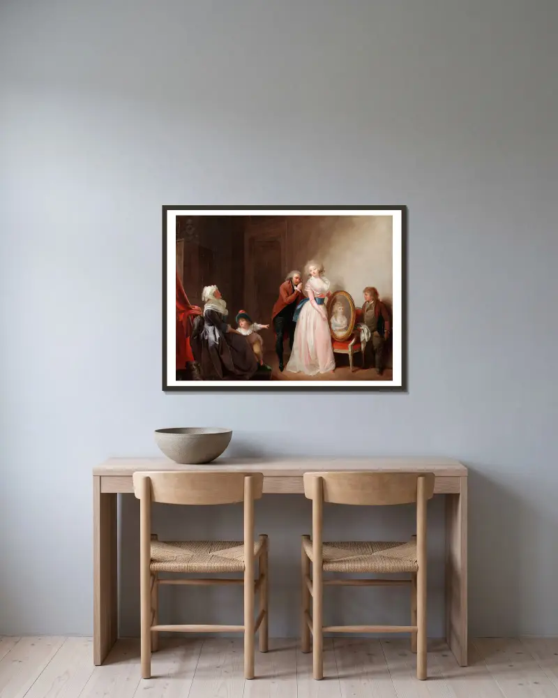 Kvinna som visar sitt porträtt av Louis-Léopold Boilly inramad på en vägg