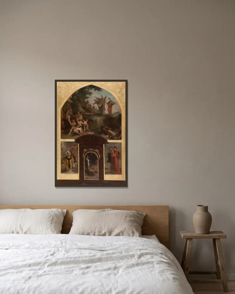 Predikan av Saint Denis och gallernas omvändelse. Halshuggningen av Saint Denis. Kristus på korset. Saint Rustique och Saint Eleuthère. av Henri Leopold Lévy inramad på en vägg
