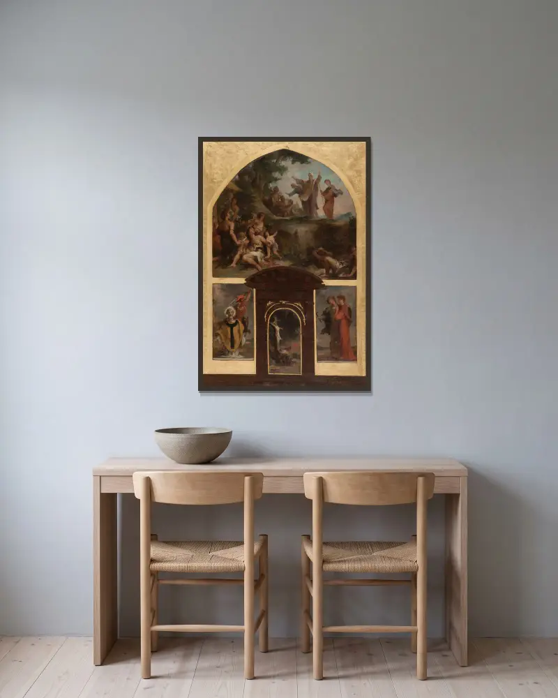 Predikan av Saint Denis och gallernas omvändelse. Halshuggningen av Saint Denis. Kristus på korset. Saint Rustique och Saint Eleuthère. av Henri Leopold Lévy inramad på en vägg