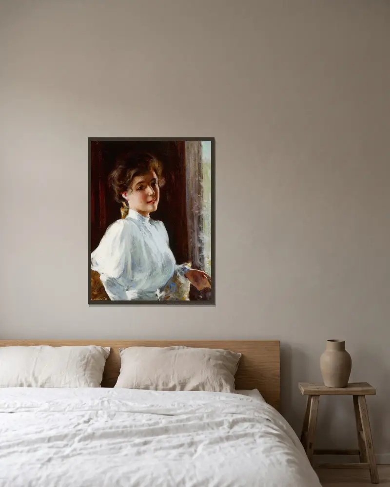 A Young Girl av Willard Leroy Metcalf inramad på en vägg