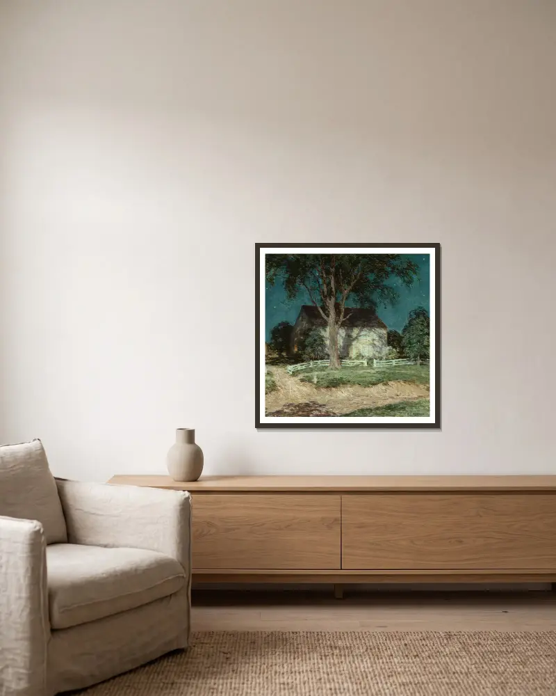 Gammal gård i Connecticut av Willard Leroy Metcalf inramad på en vägg