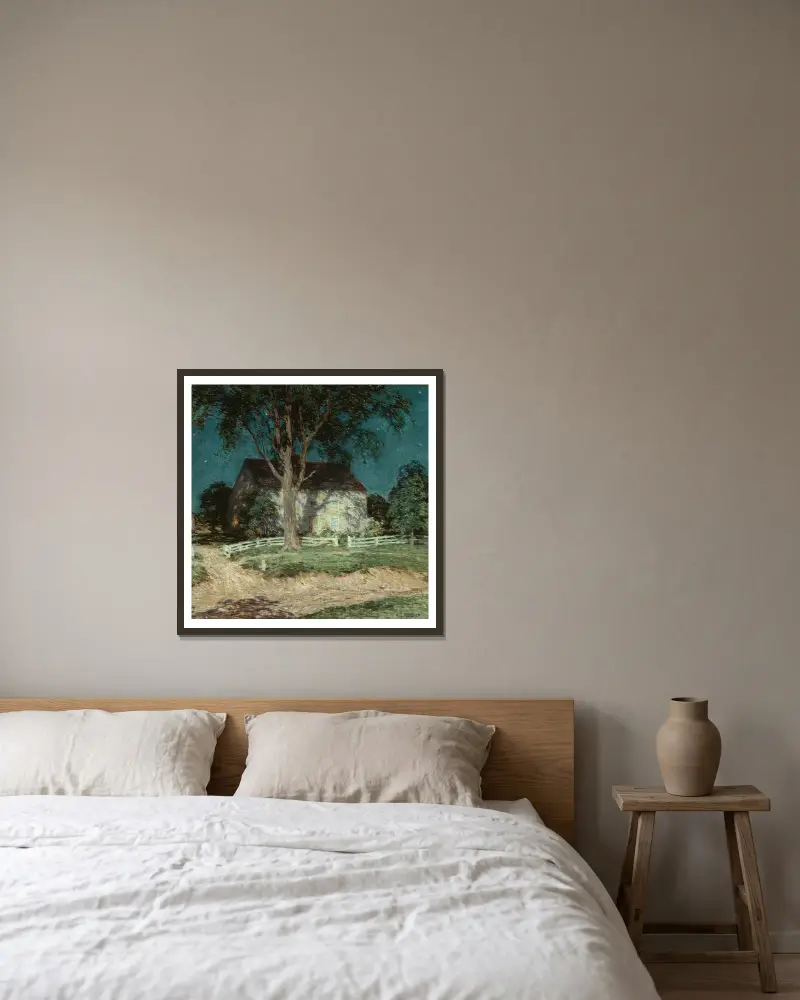 Gammal gård i Connecticut av Willard Leroy Metcalf inramad på en vägg