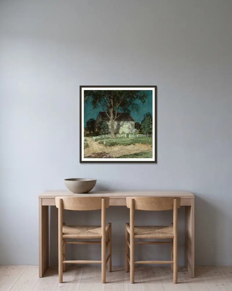 Gammal gård i Connecticut av Willard Leroy Metcalf inramad på en vägg