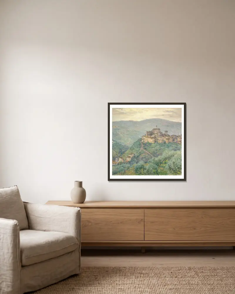 Pelago-Tuscany av Willard Leroy Metcalf inramad på en vägg