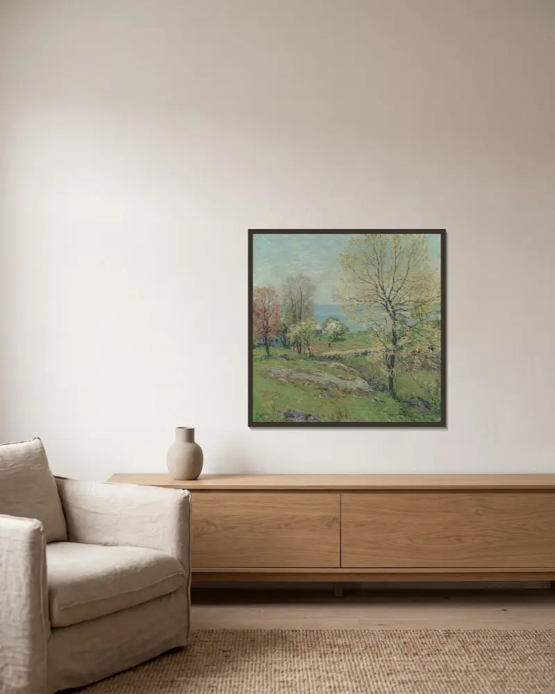 Die knospende Eiche von Willard Leroy Metcalf gerahmt an einer Wand
