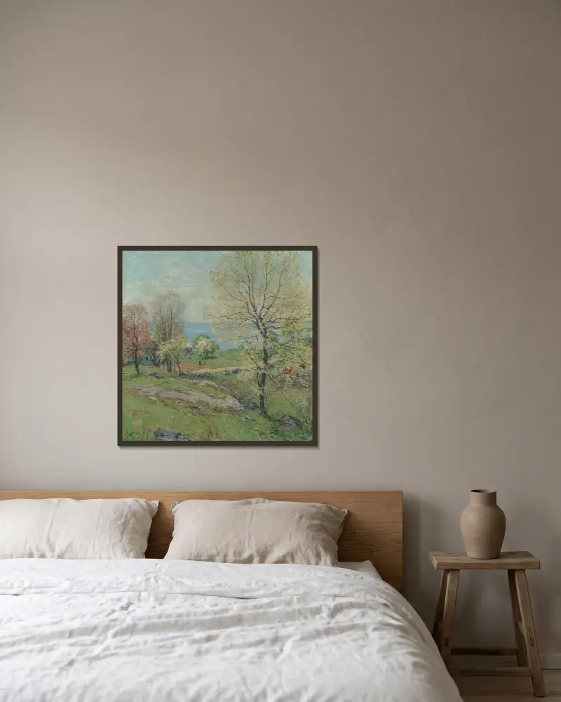Die knospende Eiche von Willard Leroy Metcalf gerahmt an einer Wand
