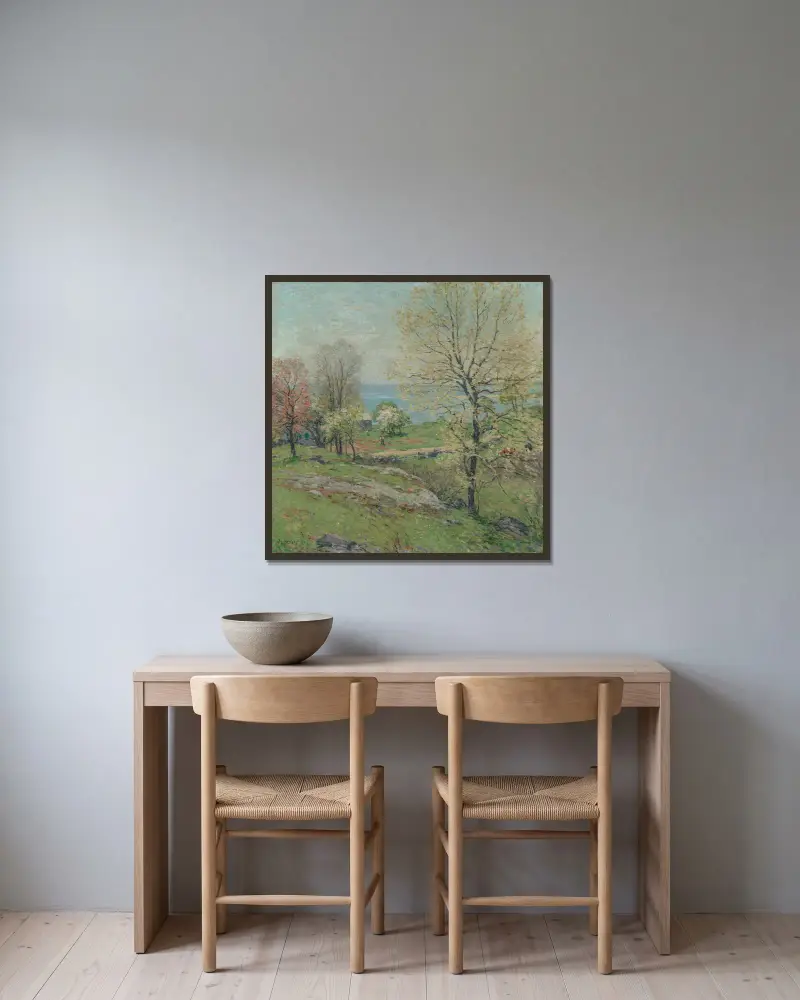 Die knospende Eiche von Willard Leroy Metcalf gerahmt an einer Wand