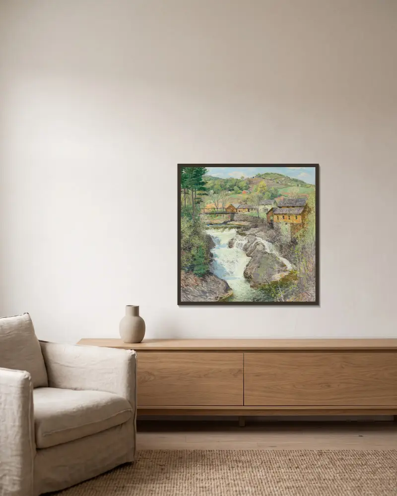 Die Wasserfälle von Willard Leroy Metcalf gerahmt an einer Wand