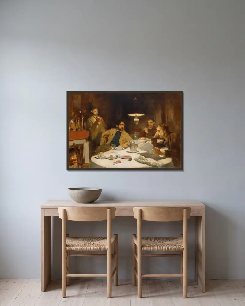 The Ten Cent Breakfast av Willard Leroy Metcalf inramad på en vägg