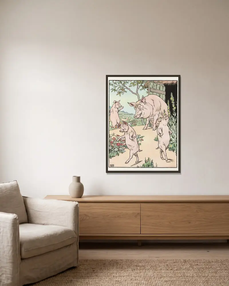 Vier Schweine von Leonard Leslie Brooke gerahmt an einer Wand