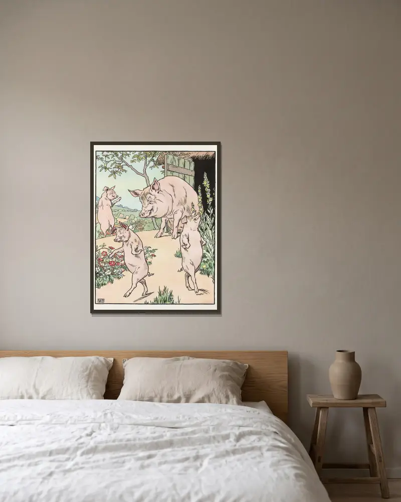 Vier Schweine von Leonard Leslie Brooke gerahmt an einer Wand