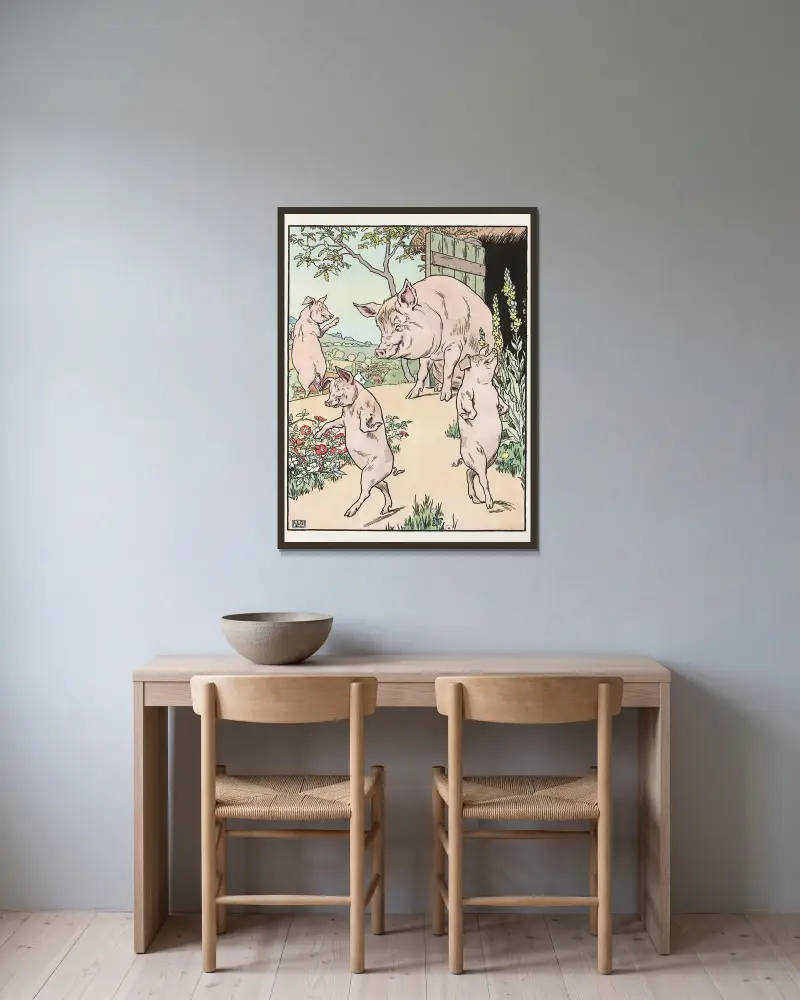 Vier Schweine von Leonard Leslie Brooke gerahmt an einer Wand