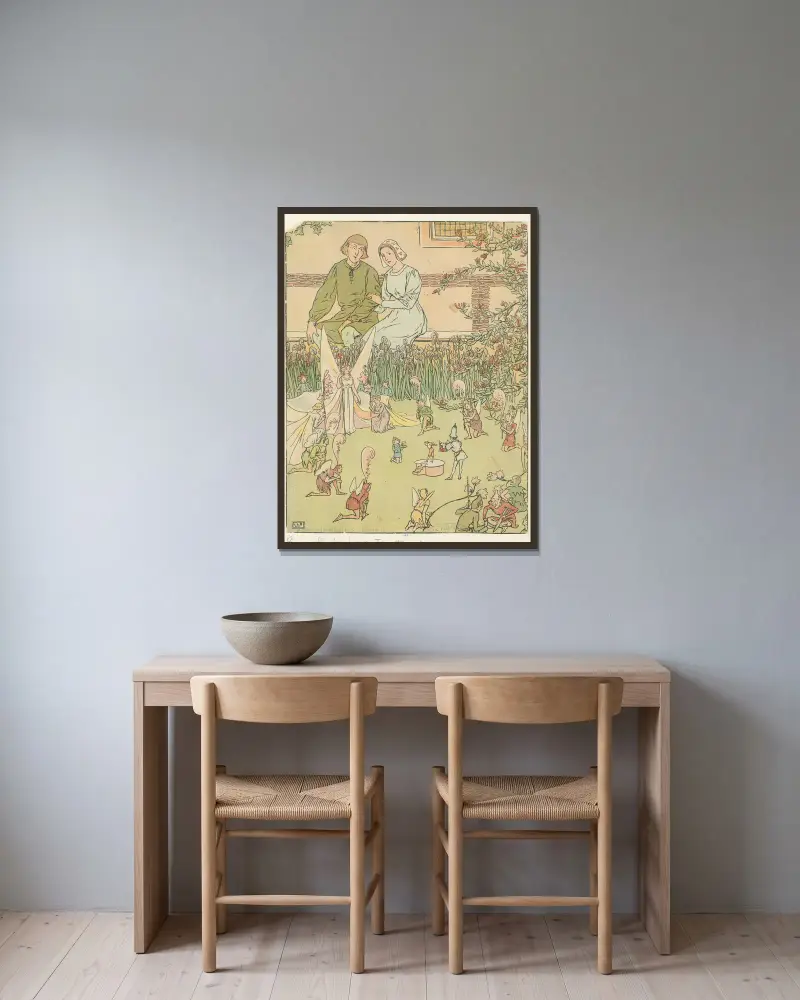 Toms dop med älvadrottningen och hela hennes följe av älvor av Leonard Leslie Brooke inramad på en vägg
