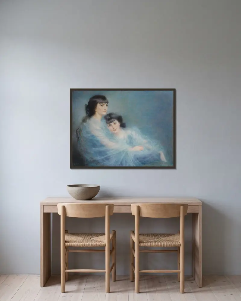 Ung mor och hennes dotter av Lucien Lévy-Dhurmer inramad på en vägg