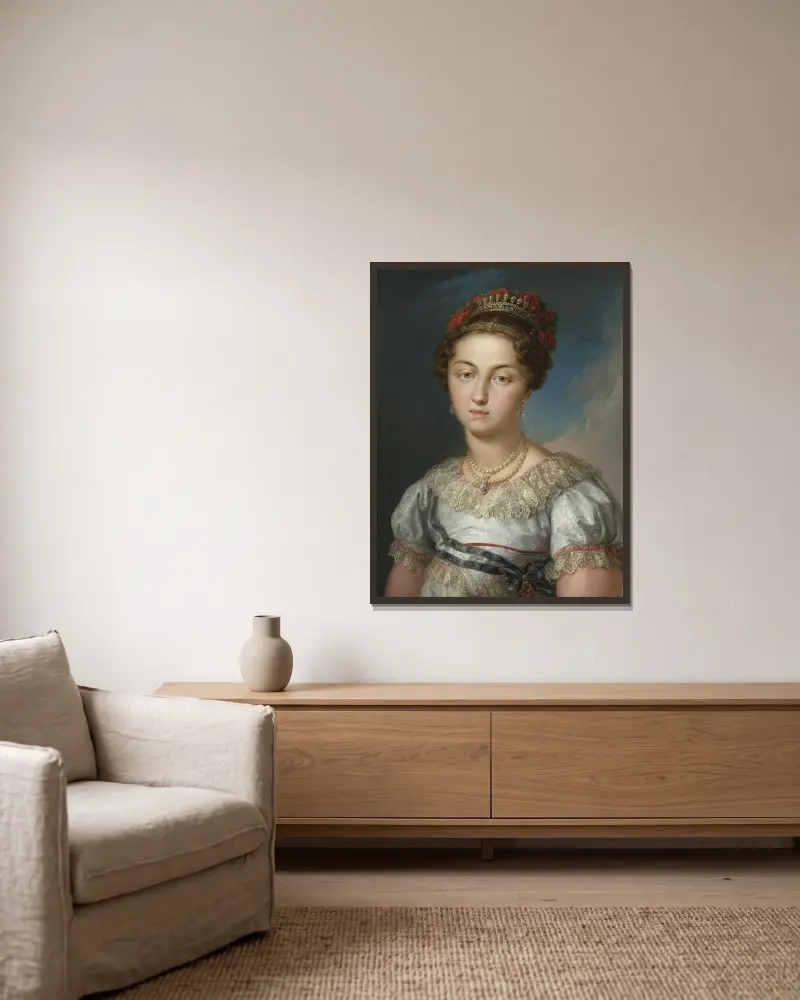 Porträt von Maria Josefa Amalia von Sachsen, Königin von Spanien von Vicente López Portaña gerahmt an einer Wand