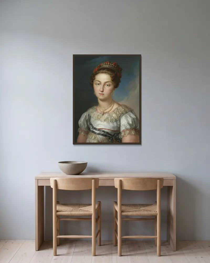 Porträt von Maria Josefa Amalia von Sachsen, Königin von Spanien von Vicente López Portaña gerahmt an einer Wand
