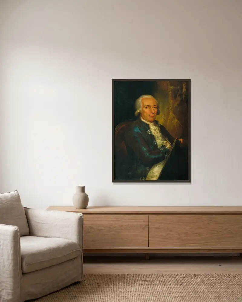 Porträtt av gravören Pasqual Pere Moles, förste direktör för Escola de Llotja av Vicente López Portaña inramad på en vägg