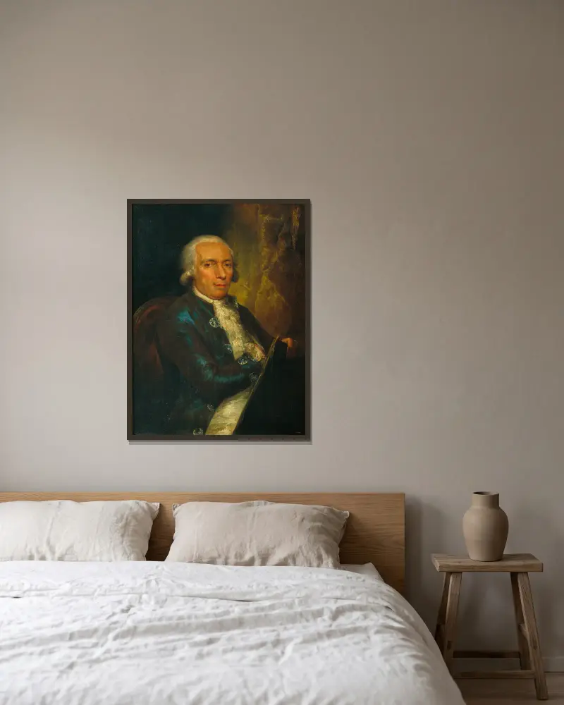 Porträtt av gravören Pasqual Pere Moles, förste direktör för Escola de Llotja av Vicente López Portaña inramad på en vägg