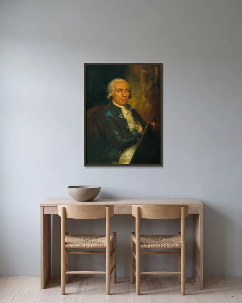 Porträtt av gravören Pasqual Pere Moles, förste direktör för Escola de Llotja av Vicente López Portaña inramad på en vägg