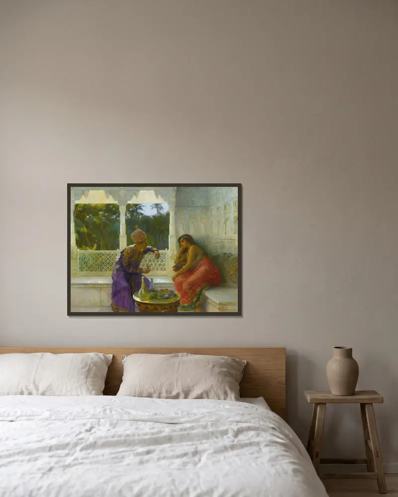 Figures In An Interior With Garden Of Palms Beyond av Edwin Lord Weeks inramad på en vägg