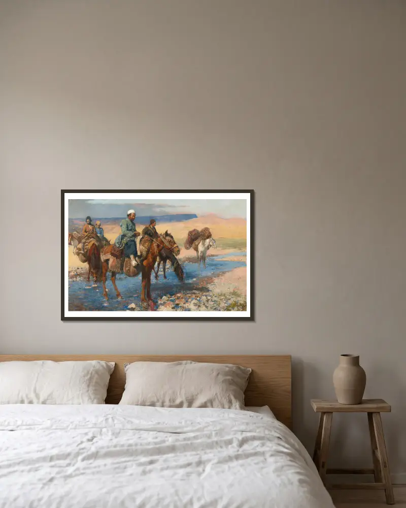 Pferde an der Furt – Persien von Edwin Lord Weeks gerahmt an einer Wand