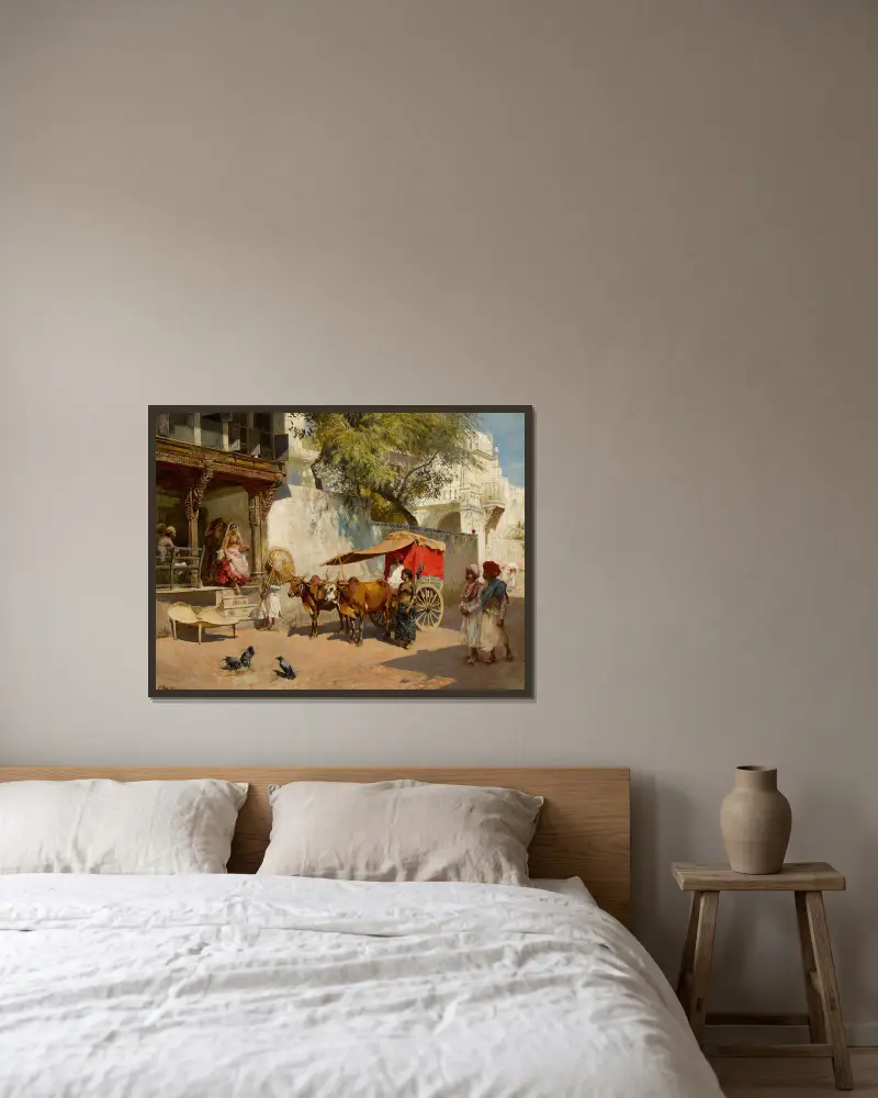 Dansflickor och oxkärra, Ahmedabad (Gujarat, Indien) av Edwin Lord Weeks inramad på en vägg