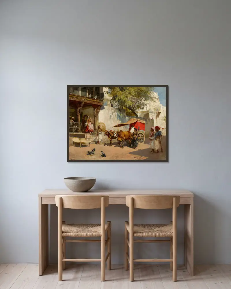 Dansflickor och oxkärra, Ahmedabad (Gujarat, Indien) av Edwin Lord Weeks inramad på en vägg