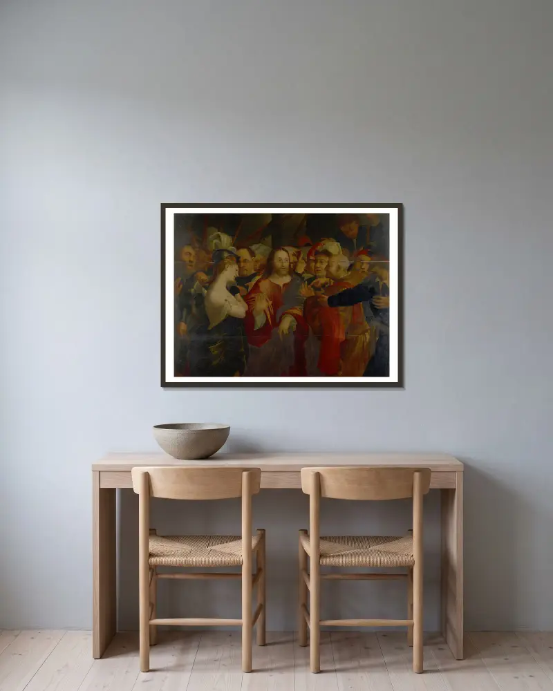 Kristus och äktenskapsbryterskan av Lorenzo Lotto inramad på en vägg
