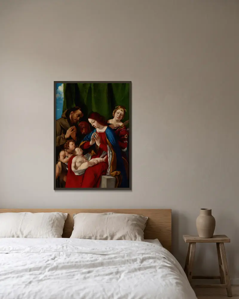 Madonnan och barnet med helgonen Johannes döparen, Franciskus av Assisi, Josef och Katarina av Alexandria av Lorenzo Lotto inramad på en vägg