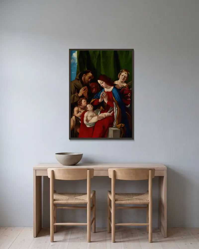 Madonnan och barnet med helgonen Johannes döparen, Franciskus av Assisi, Josef och Katarina av Alexandria av Lorenzo Lotto inramad på en vägg